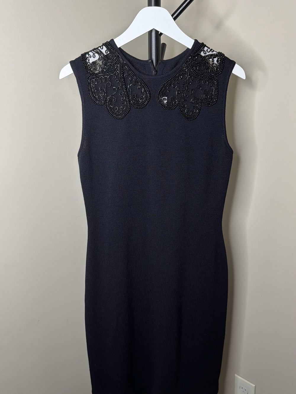 Vtg St. John Evening Dark Navy/Near Black Embellished Beaded Sleeveless Dress